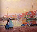 Dutch Canvas Paintings - A Dutch Fishing-Village At Dusk With Figures On A Quay
